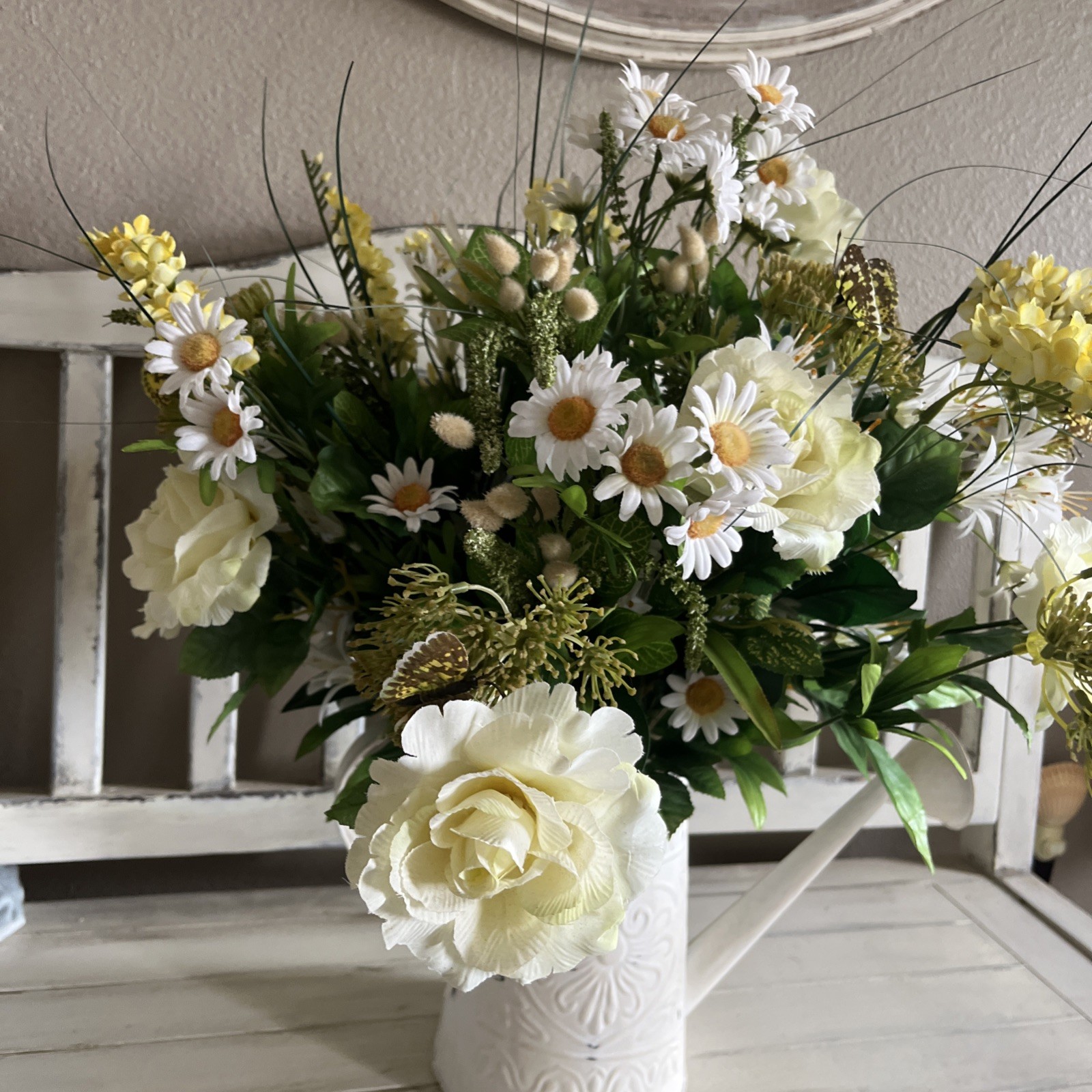 Vintage Artificial Flower Bouquet And Watering Can Large 24” Tall Cottagecore