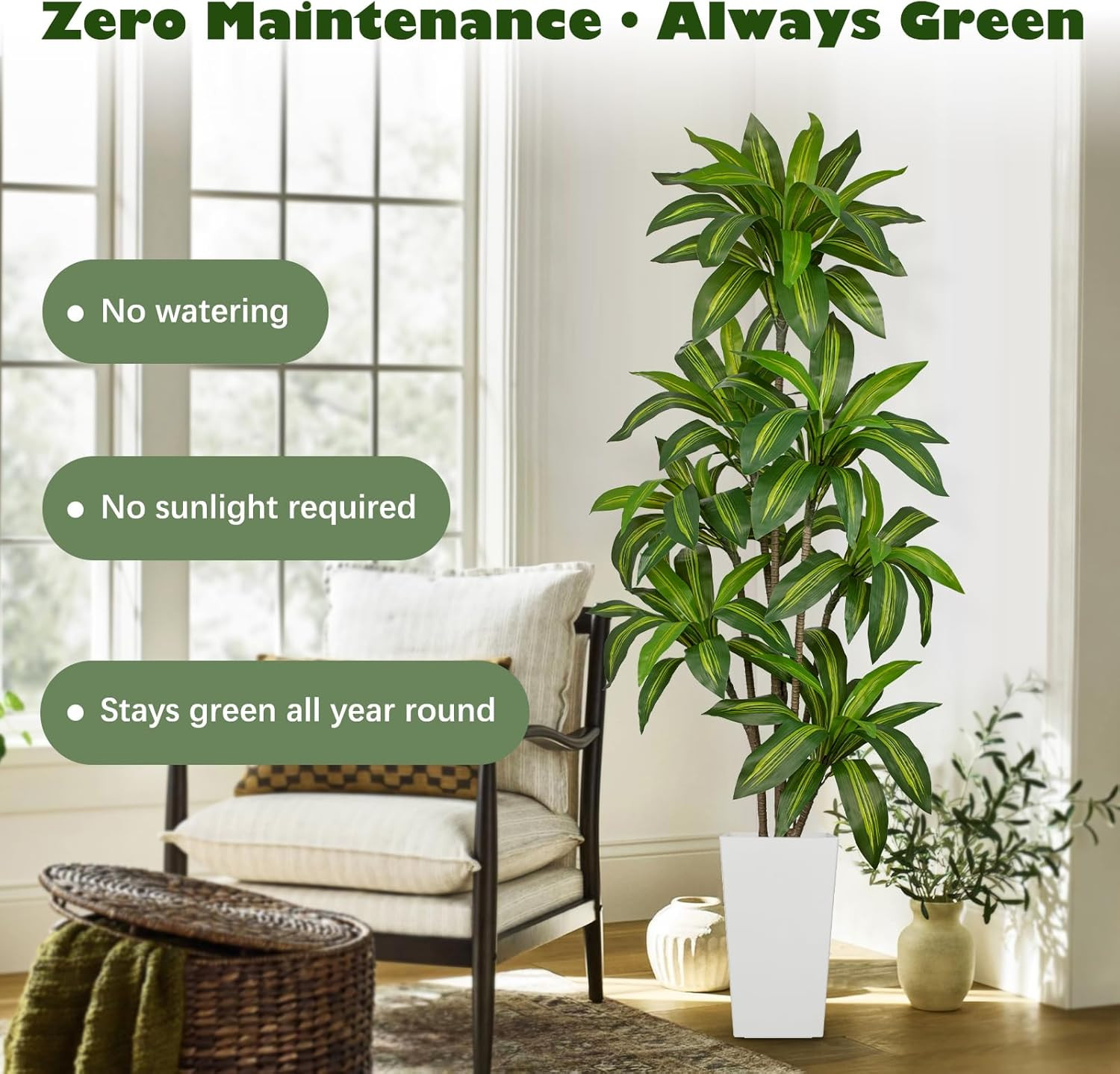 6FT Lifelike Artificial Dracaena Tree in White Pot for Home & Office Décor