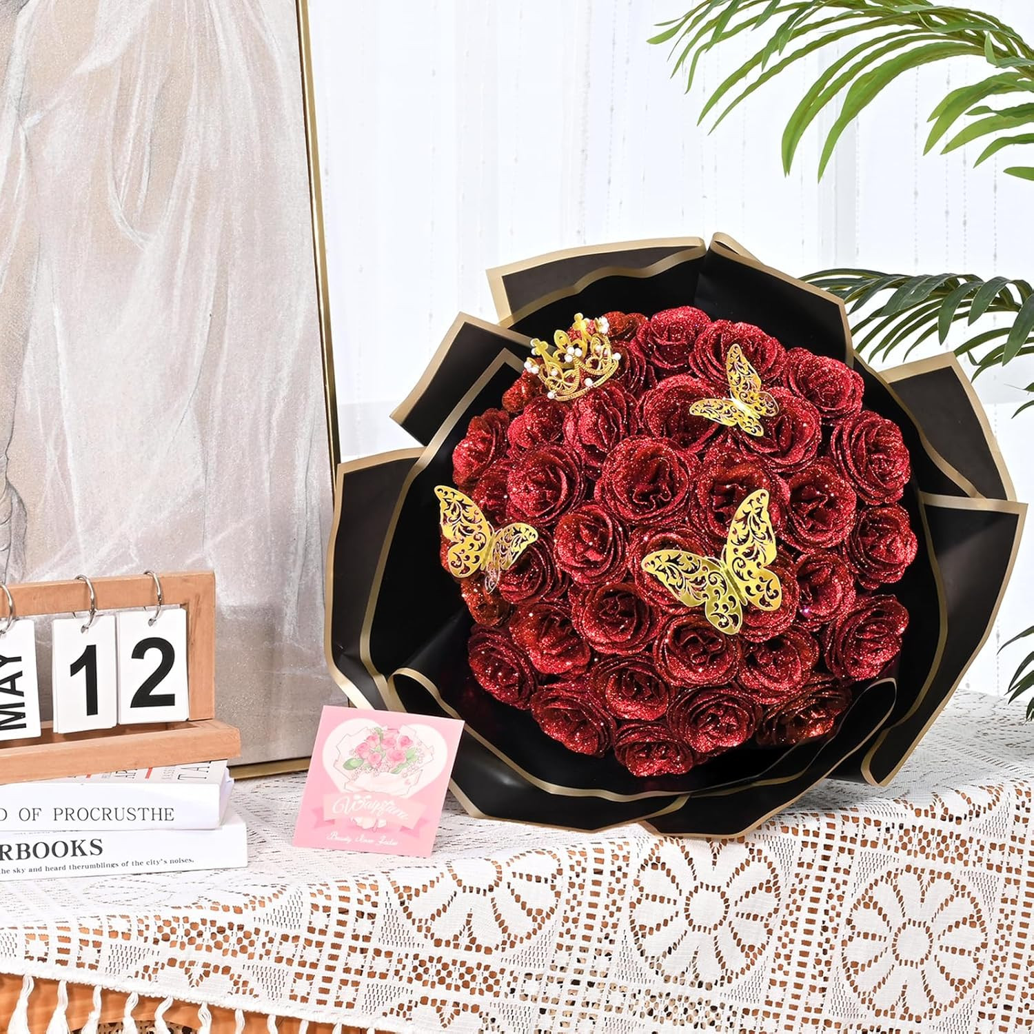 Waipfaru Glitter Roses Bouquet, DIY Fake Flowers Bouquet, Birthday Gifts for Wom