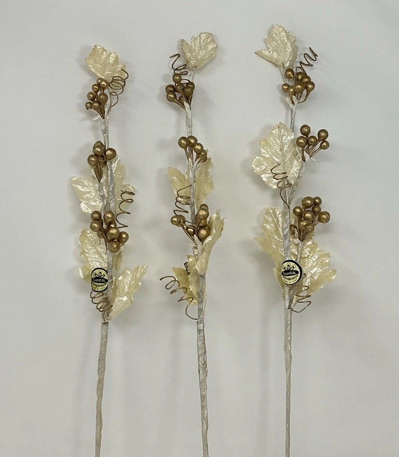 Gold Berry White Leaf Floral Pick 30” Long 3 Picks Christmas Vase Filler NOS