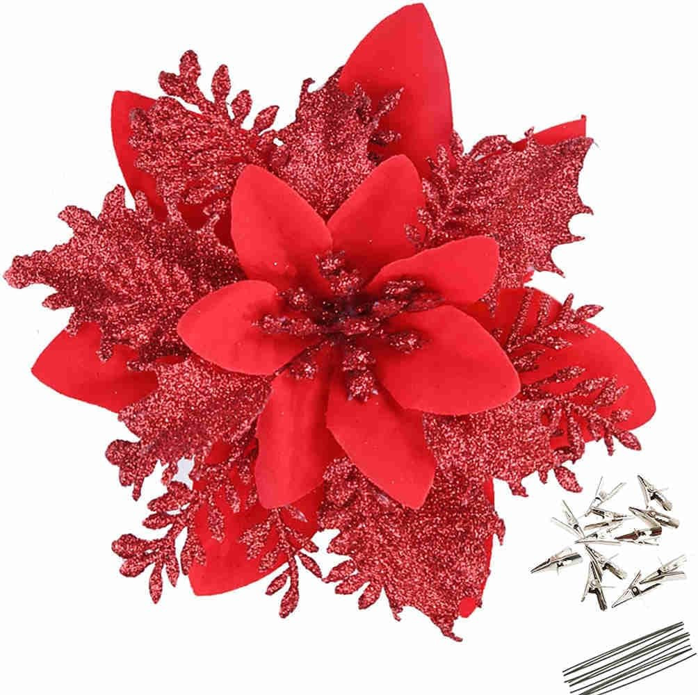 12 Pcs Glitter Poinsettia 5.5″ Artificial Flowers Christmas with Clips Stems …