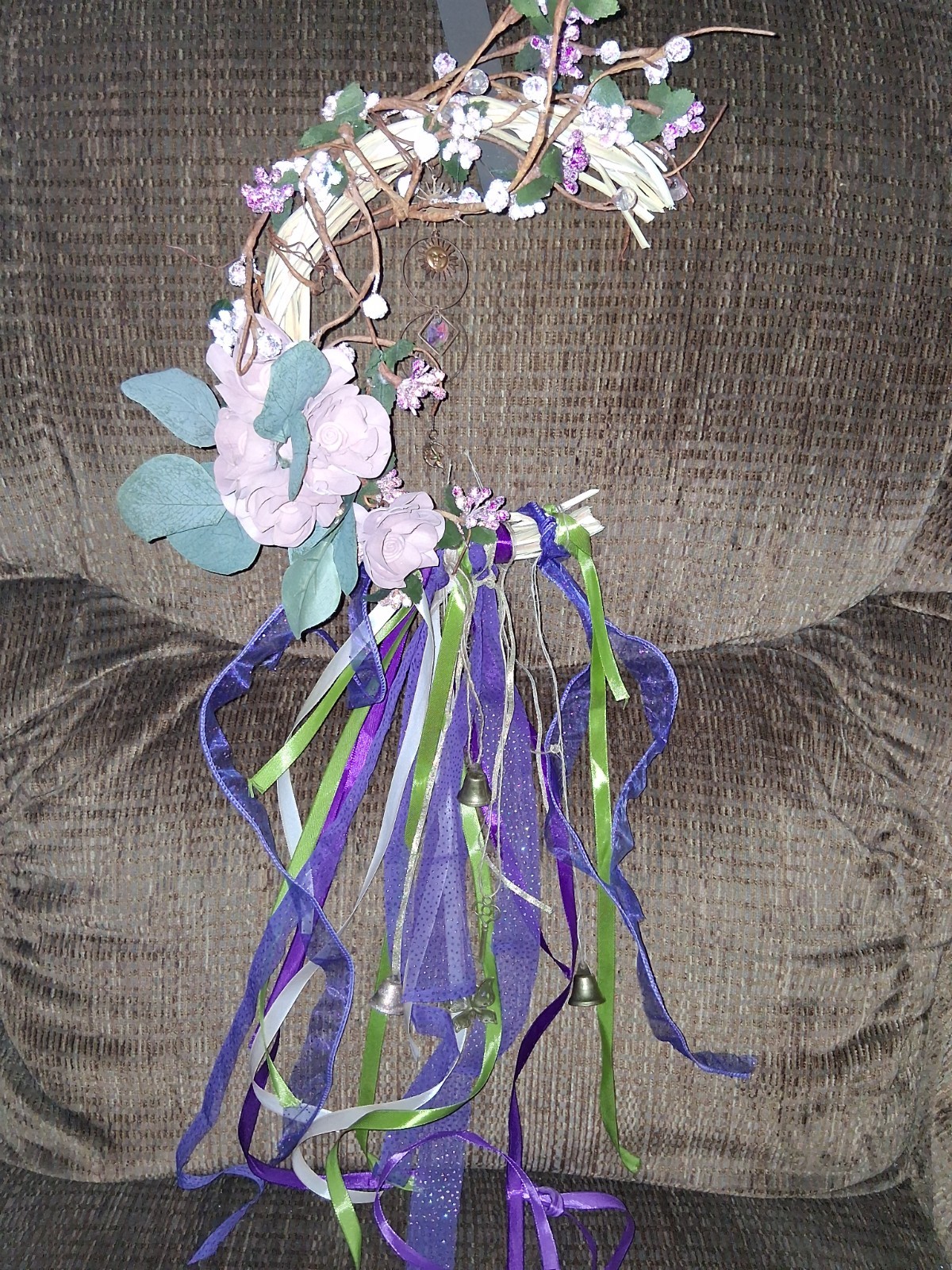 9″ Reiki Infused Wreath Mauve And Plum With Suncatcher, Bells And Charms