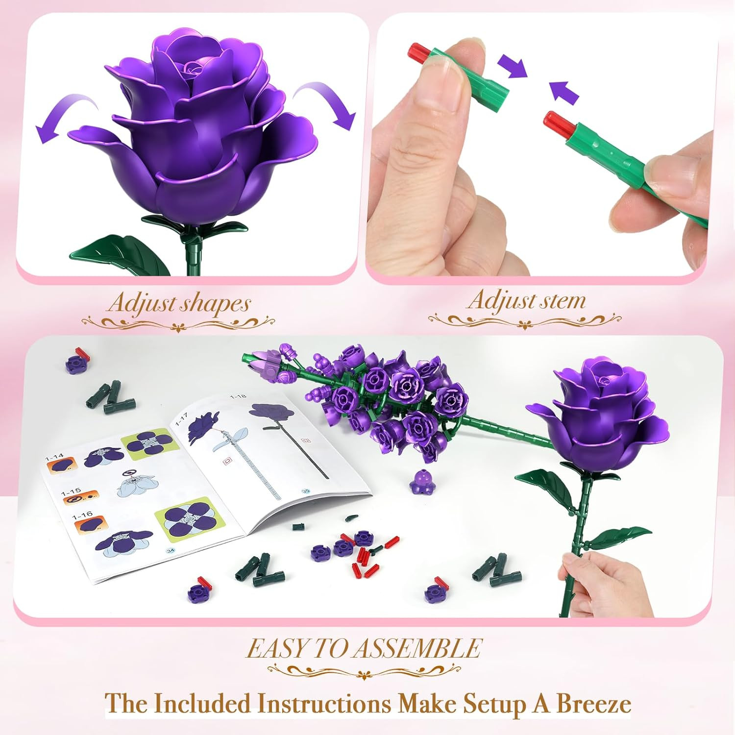 Flowers Bouquet Building Set, Rose Flower Botanical Collection Building Kit Toys