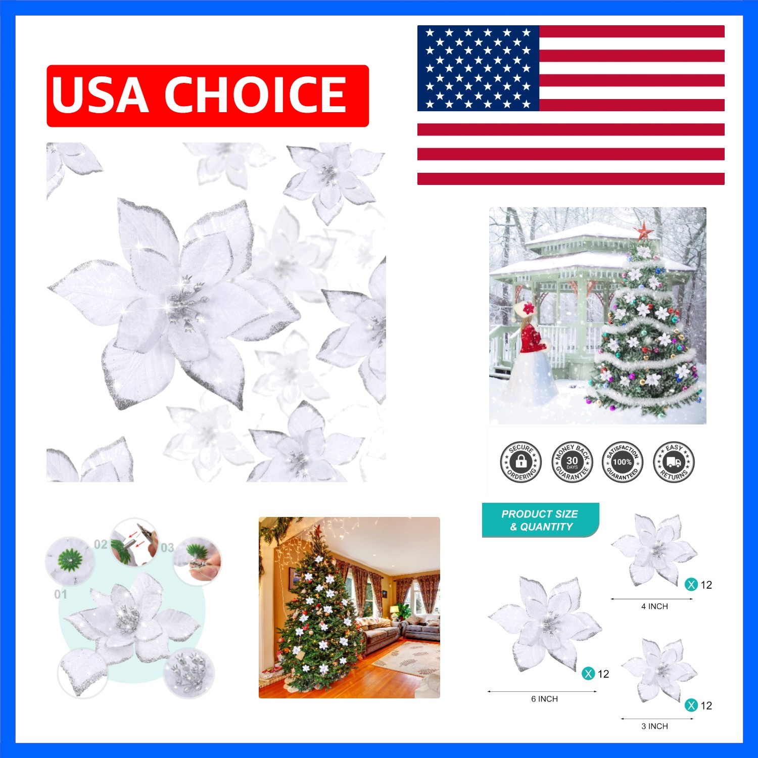 36 Pcs 3 Size Christmas Poinsettia Christmas Tree Flowers Glitter Faux Flower…