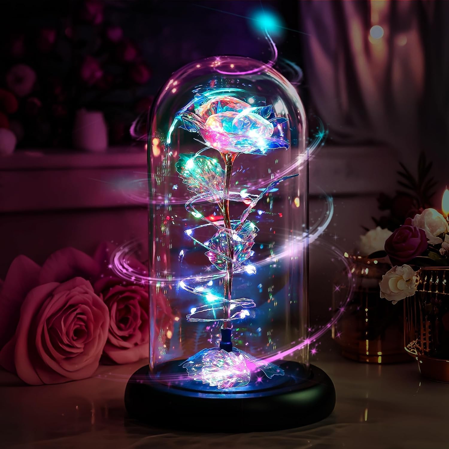 Color-Changing Rotating Rose in Glass Dome – A Unique Gift for Mom or Loved Ones