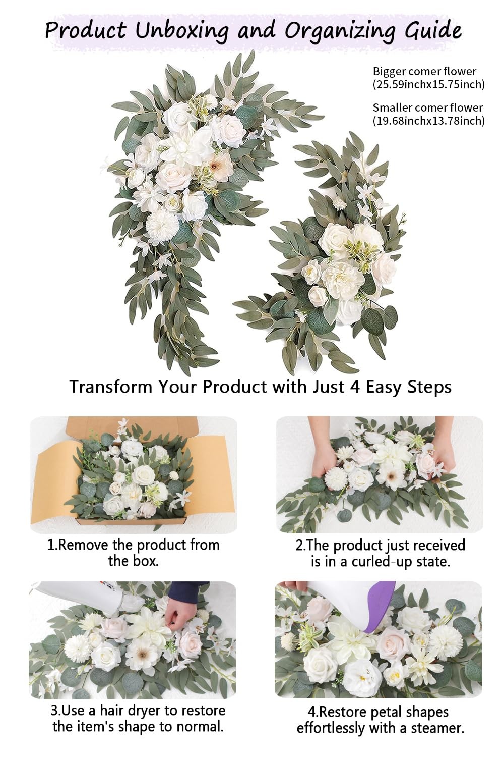 2 PCS Wedding Arch Faux Flowers Set Welcome Sign Decor Ceremony Backdrop White