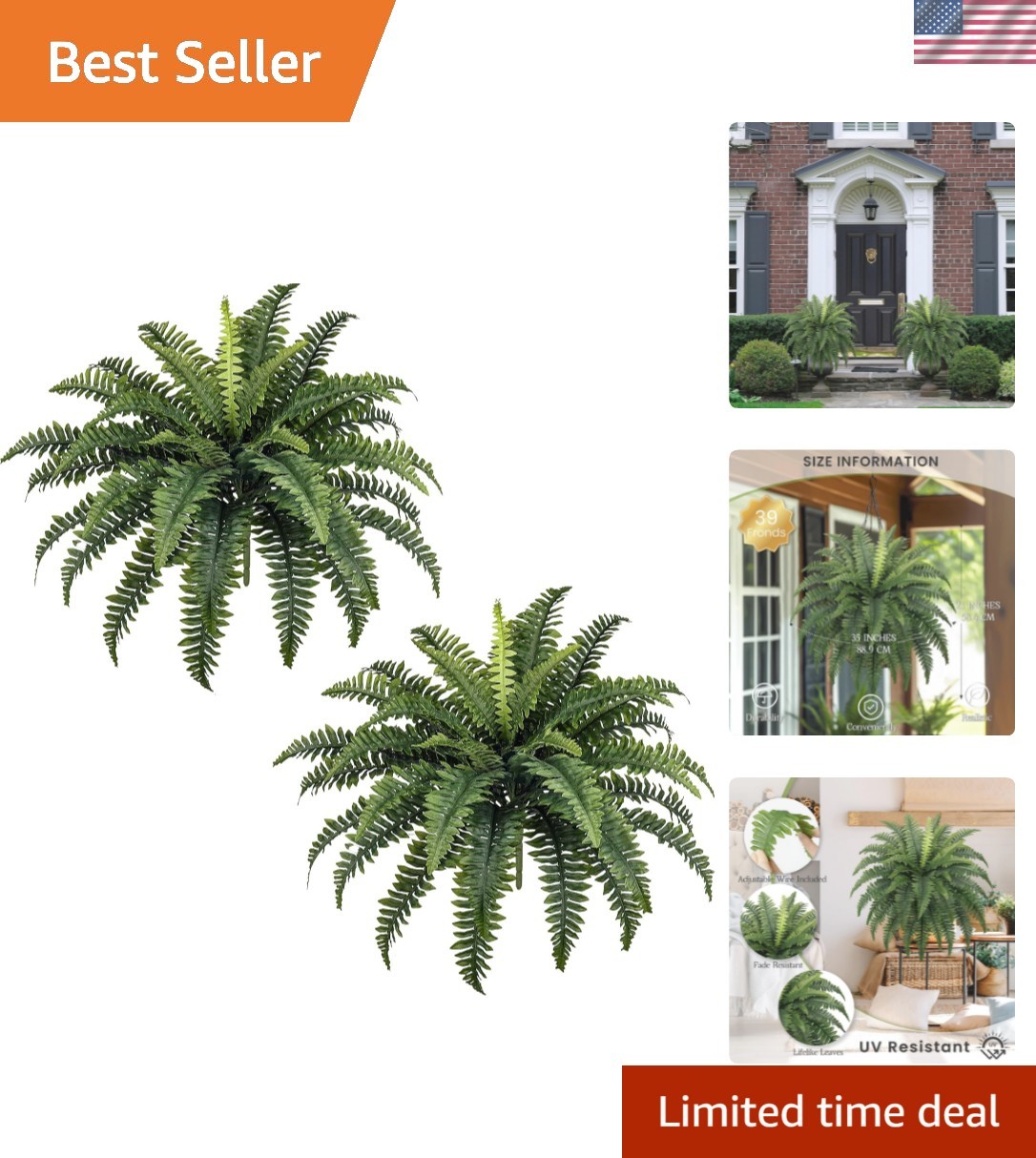 35″ Ferns Artificial Bush Plants Large, 2 Artificial Boston Ferns with 39 Fro…