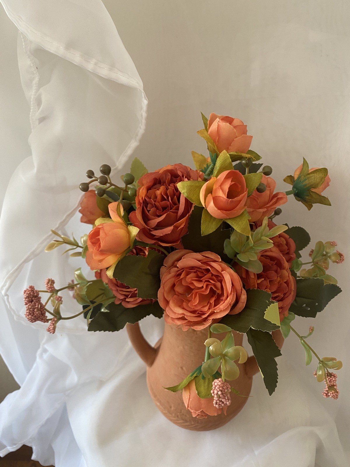 Terracotta Vase Summer Orange Peonies Table / Shelf Centerpiece Flower Floral