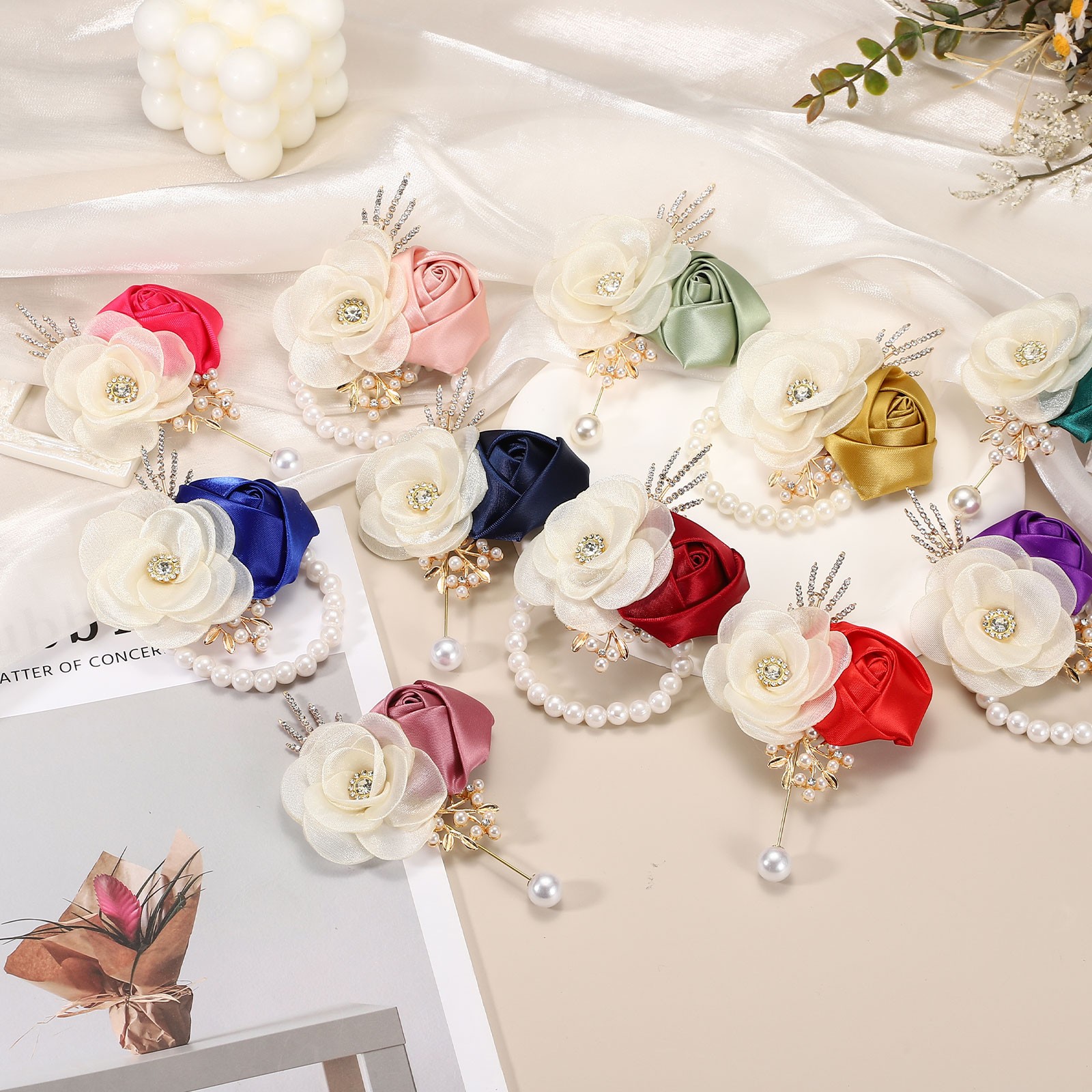 3 Sets Wrist Corsage and Boutonnieres Set for Wedding Groom Bride, Apricot