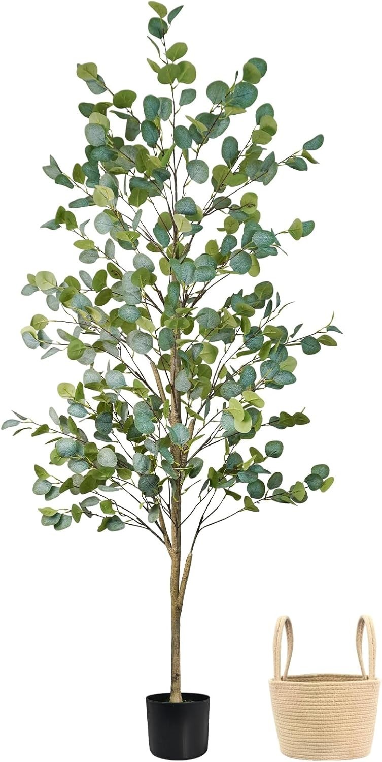 Versatile 6FT Faux Eucalyptus Tree for Home Office – Easy Assembly & Storage