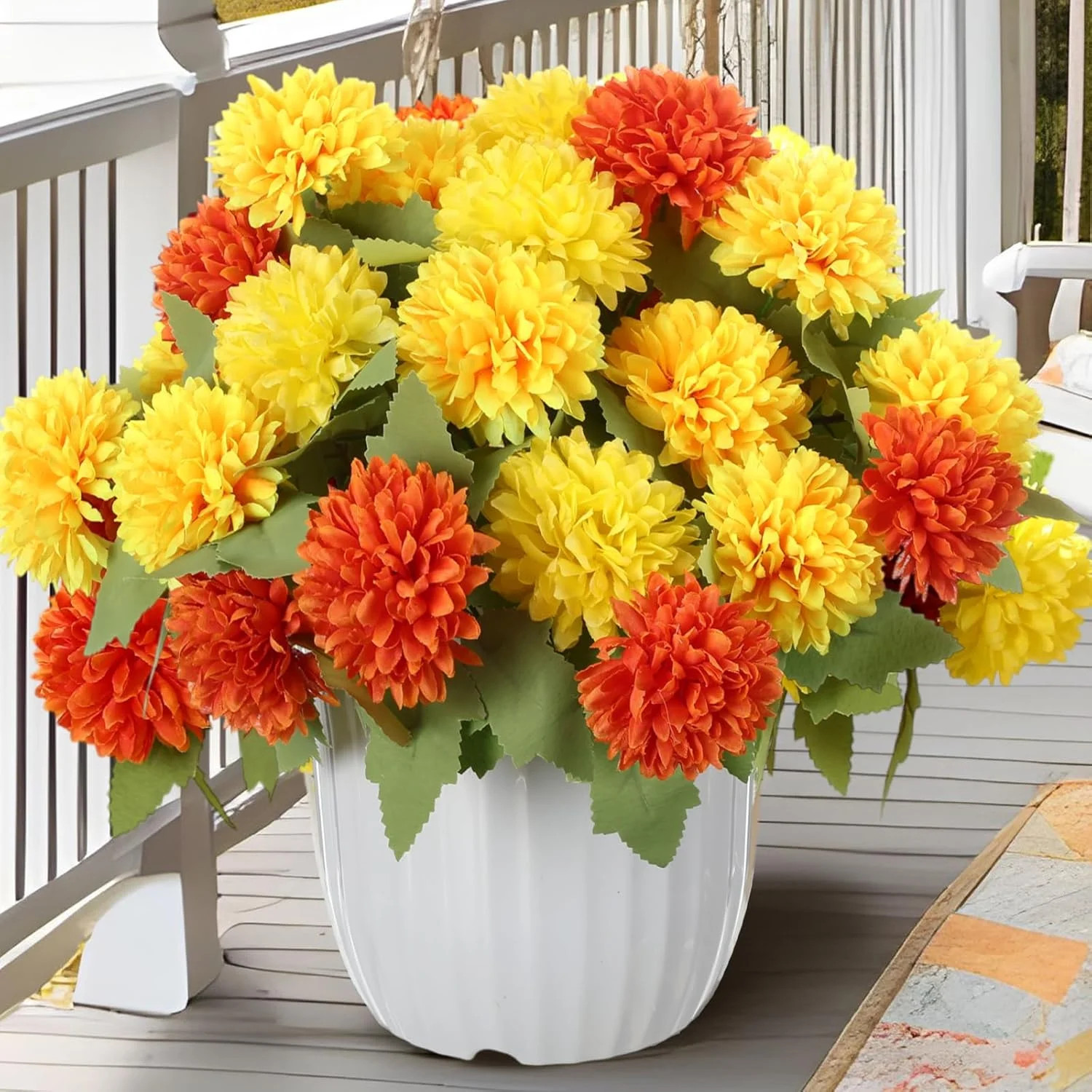 12 Pcs Fall Faux Chrysanthemums for Autumn Garden Decor – Light Yellow & Orange