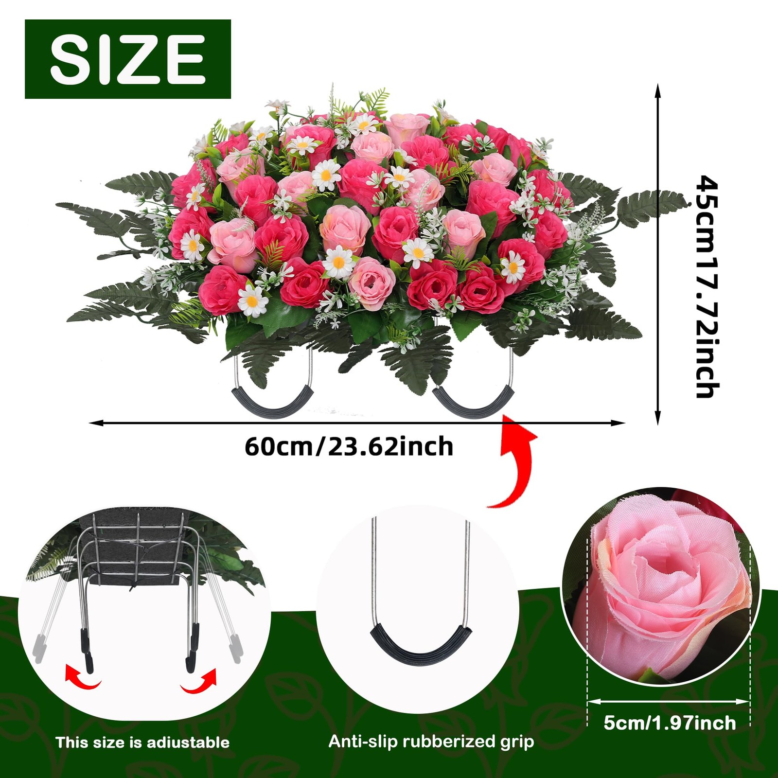 Headstone Flower Saddle Large Artificial Cemetery Flowers Grave Roses Daisy Pink