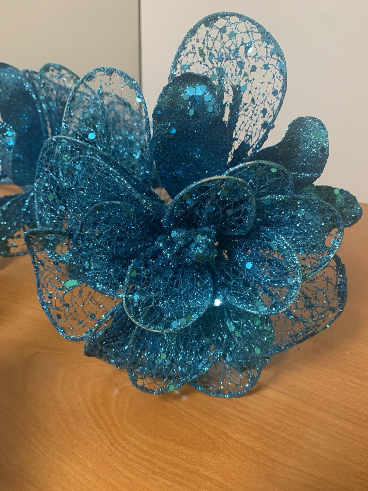 Lot Of 3 Glittered Turquoise Floral Stems 10” X 6”