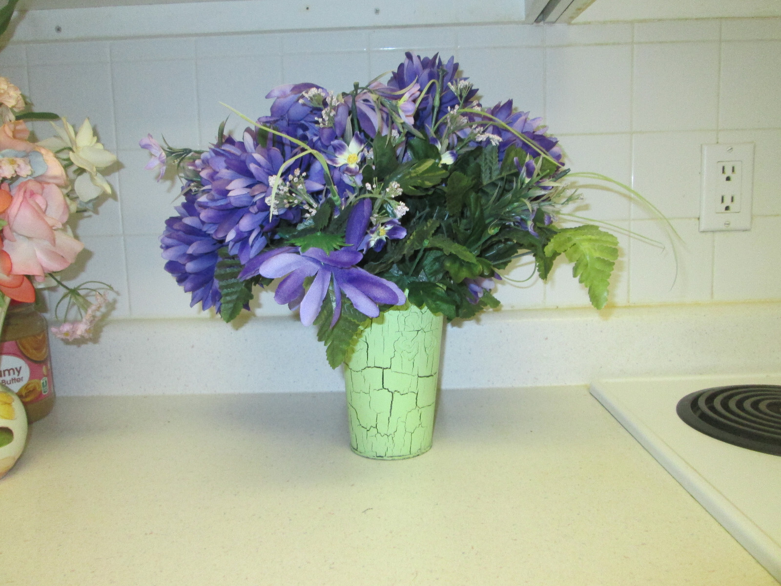 Artificial Planter Pale Green Tin Vase Faux Indoor House Plant