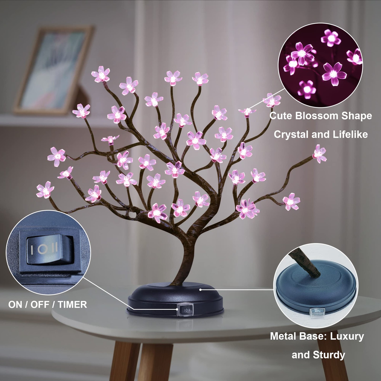 16Inch 36LED Cherry Blossom Bonsai Light, Pink Light, Battery Powered and Plu…