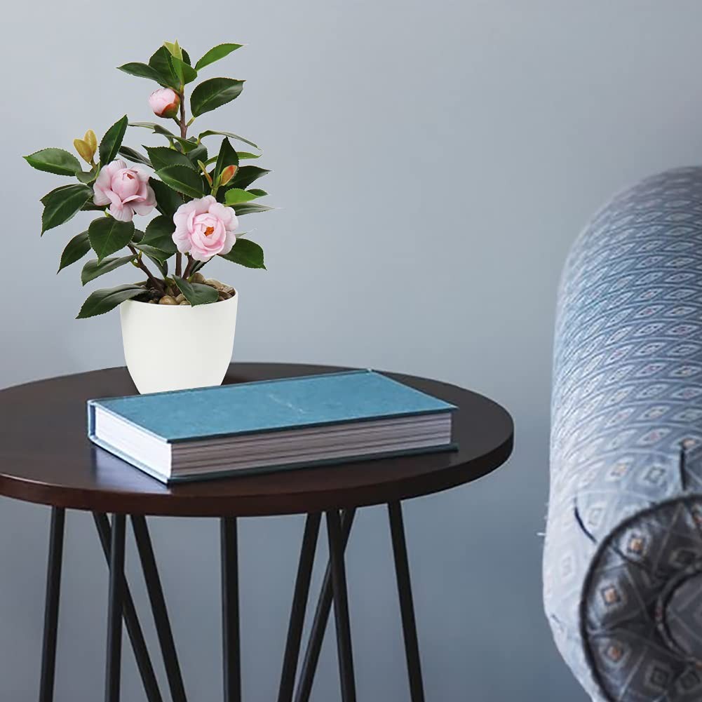 Mini Camellia Potted Artificial Plants Small Faux Plastic Flowers w/ Vase