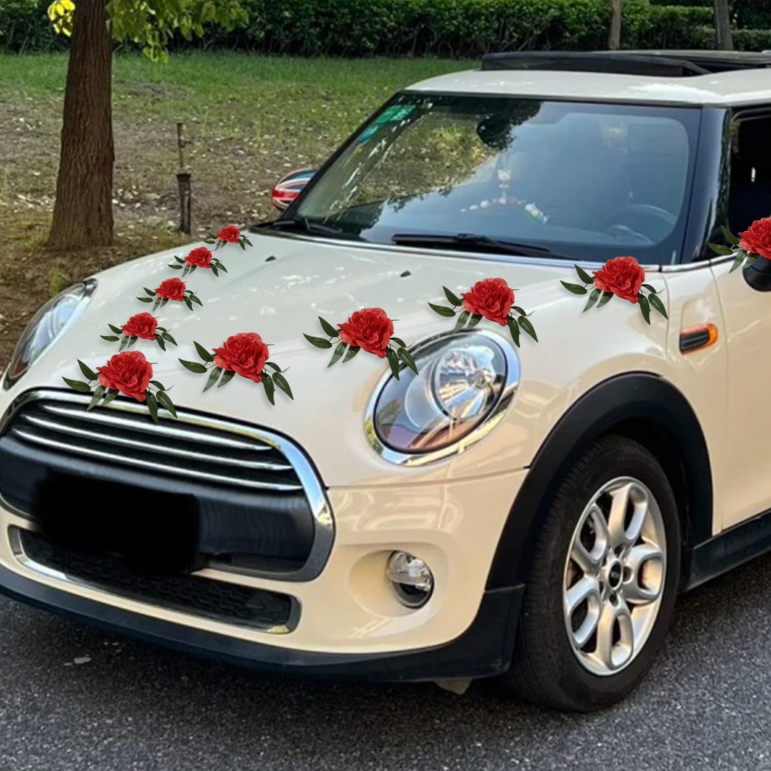 Artificial Wedding Car Decorations Kit, Suction Cups, Flowers, Ribbon, Red