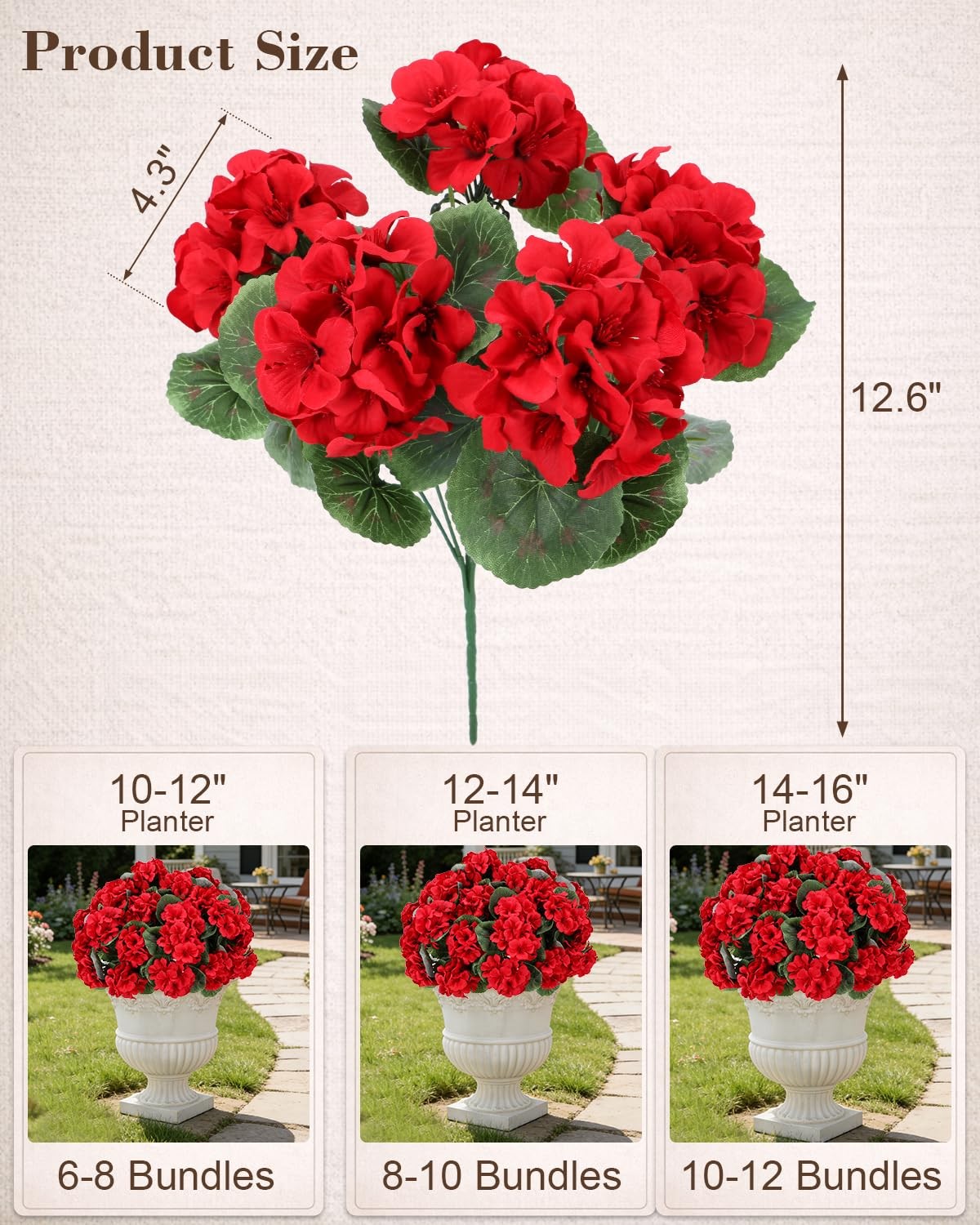 Artificial Flowers for Outdoors 12 Bundles of UV-Resistant Geraniums, Realistic