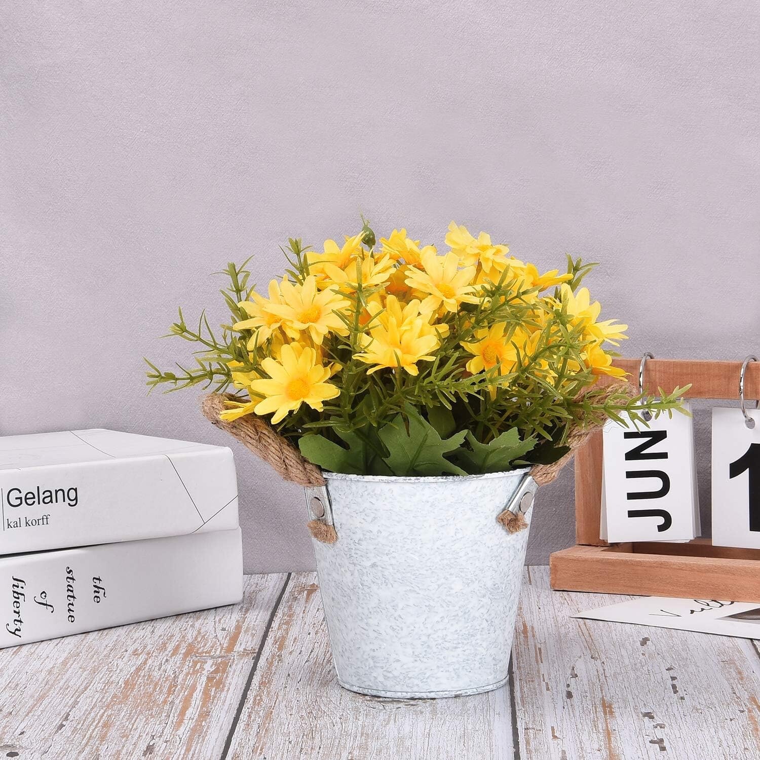 Floral Arrangement Bouquet Yellow Daisy Metal Pot Artificial Flowers Home Decor