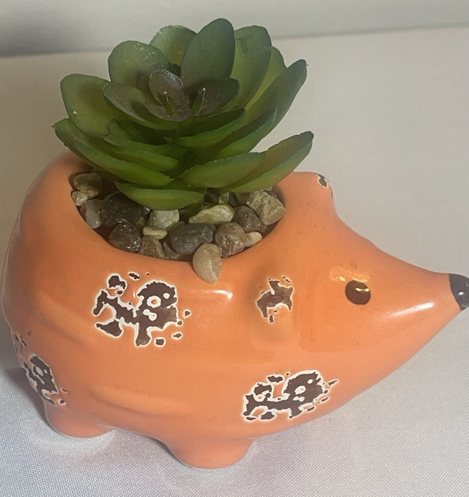 Orange Rustic Hedgehog with Faux Succulent Plant And Glued Pebbles 4x3x 3.5”