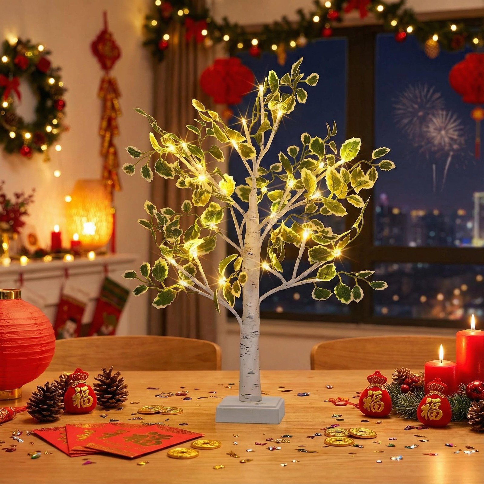 Birch Tree Lights 2ft, Fairy Light Tree with Green Leaves, USB/Battery Powere…