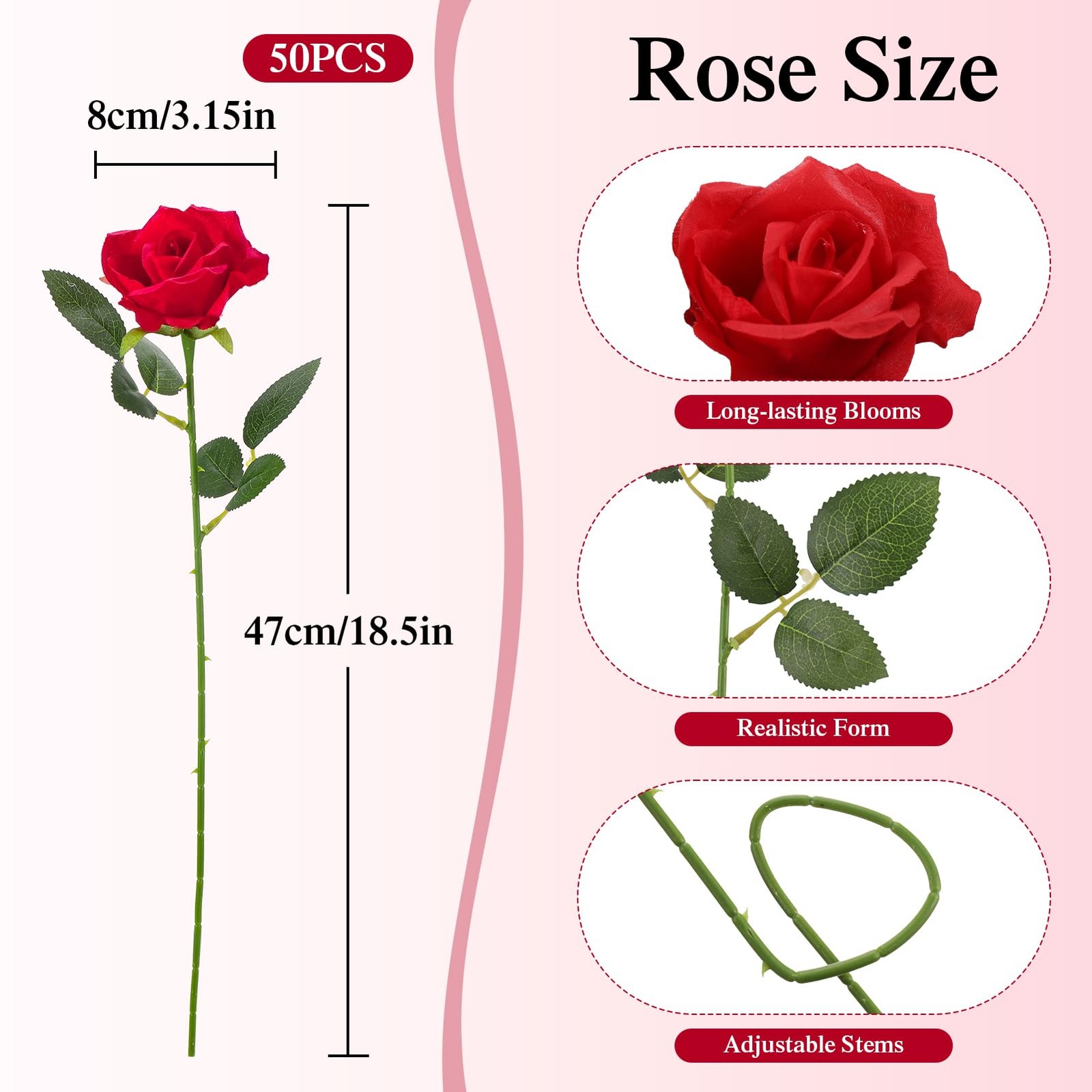 Fake Red Roses Set, 50 PCS Artificial Flowers Bulk, Realistic Silk Faux Rose …
