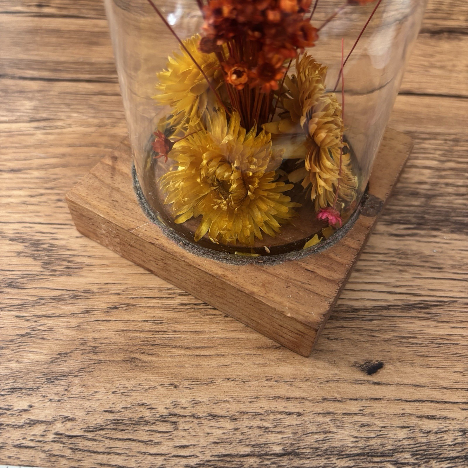 Vintage Dried Flowers Cloche Glass Dome Wood Base Boho Cottage Floral Shelf Deco