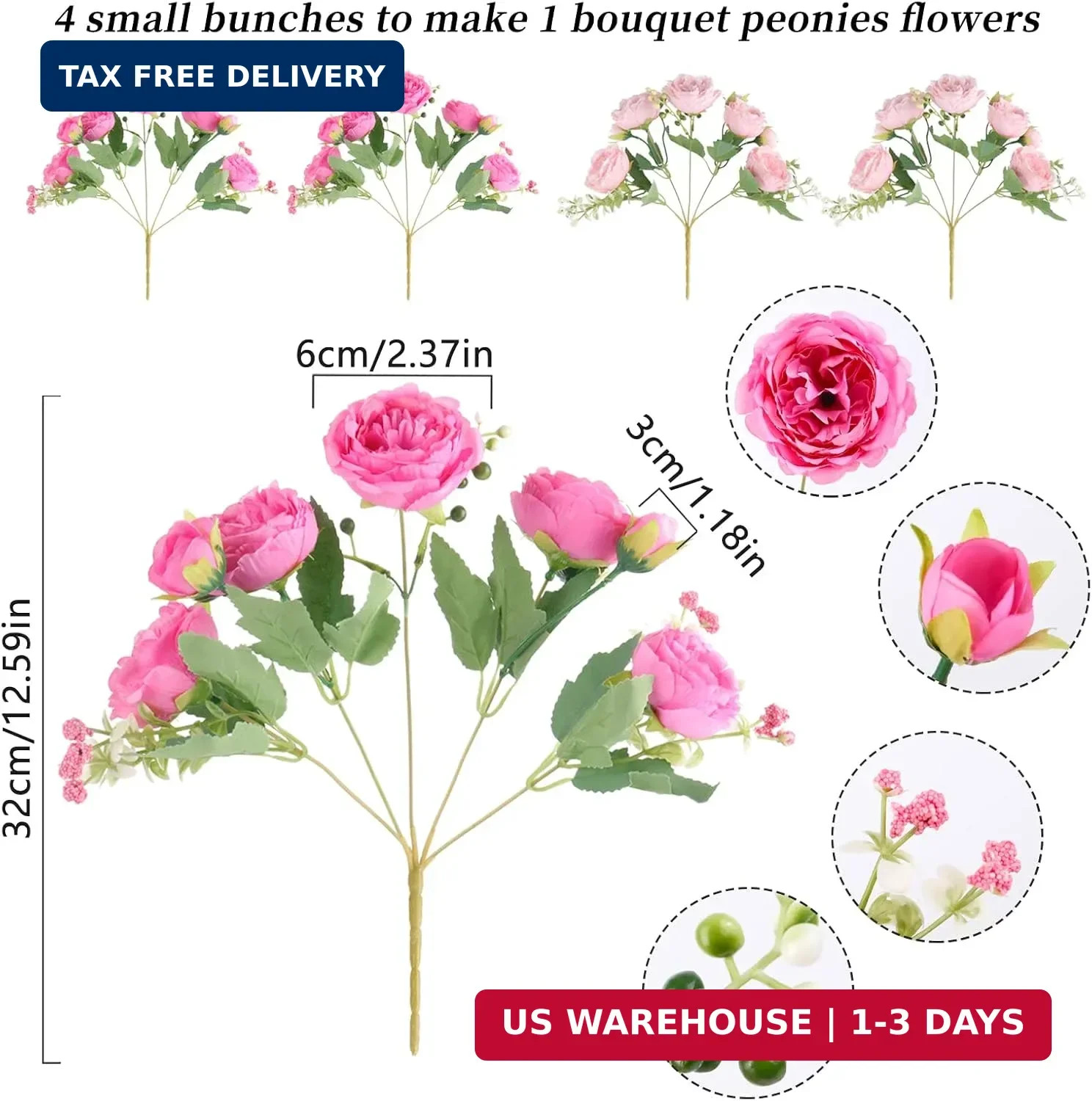 Artificial Peonies Silk Flowers, Pink Faux Peony Bouquet 4 Bundles Florals Arran