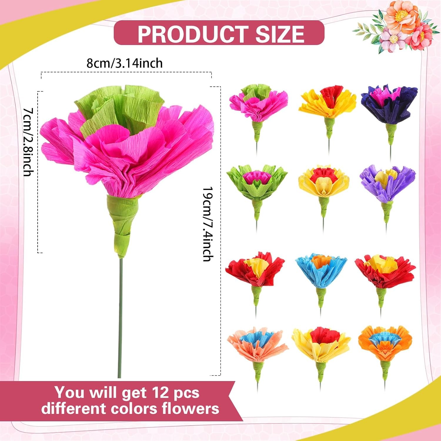 12 Pcs Mexican Artificial Rainbow Crepe Paper Flowers Bunch with Stems Mexica…