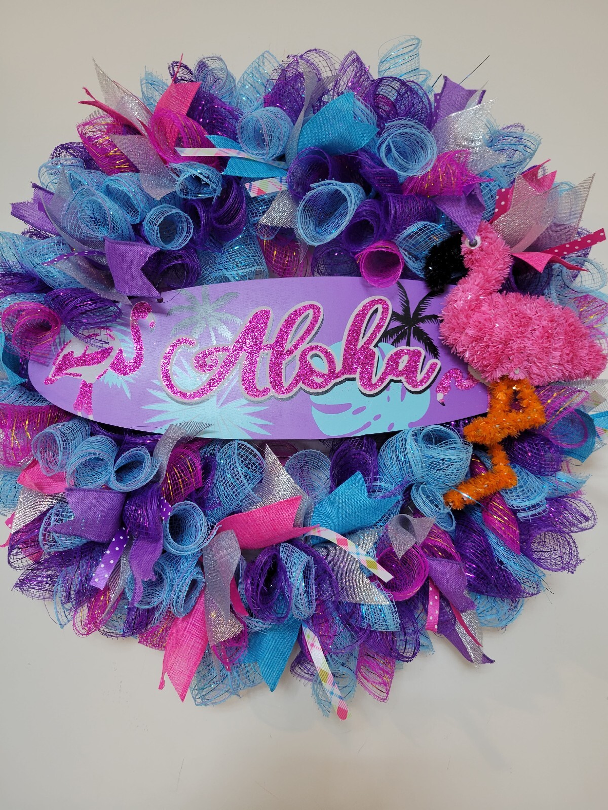ALOHA Summer Spring Mesh Front Door Wreath Wall Decor BRIGHT Purple Pink Blue