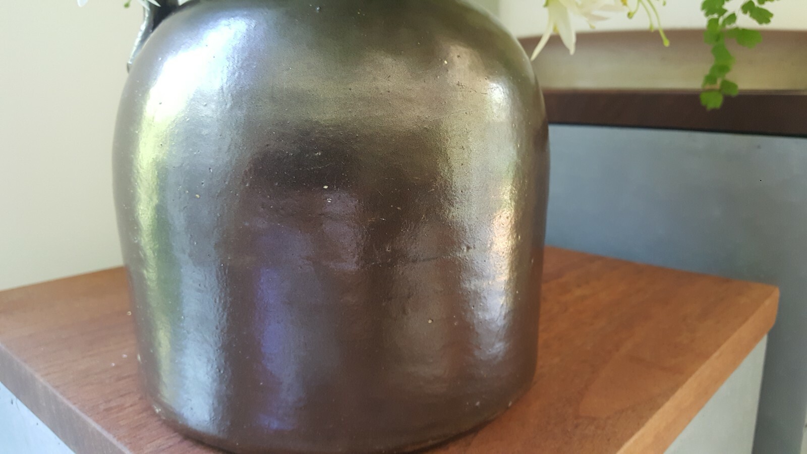 Antique Salt Glazed Stoneware Handled Whiskey Jug White Floral Stem Decor