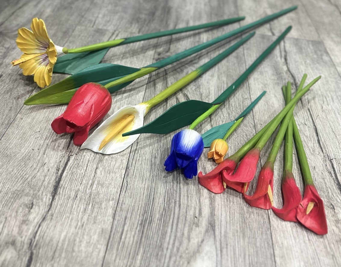 Wood Flowers Long Stem 9”- 31” floral arrangement Rose Tulip Lily Home Decor Lot