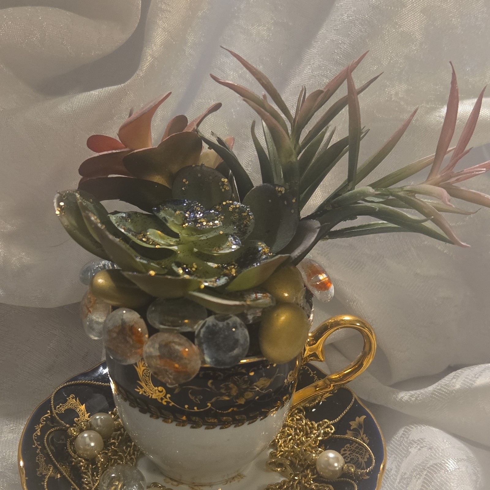 Artificial Succulent Floral Arrangement Ceramic Teacup & Saucer, Beads Chain