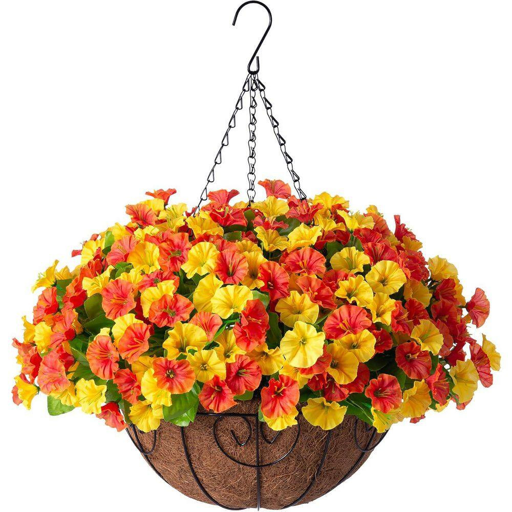 20.5 In. Orange Yellow Outdoor Artificial Silk Petunias Flower with Coconut Lini