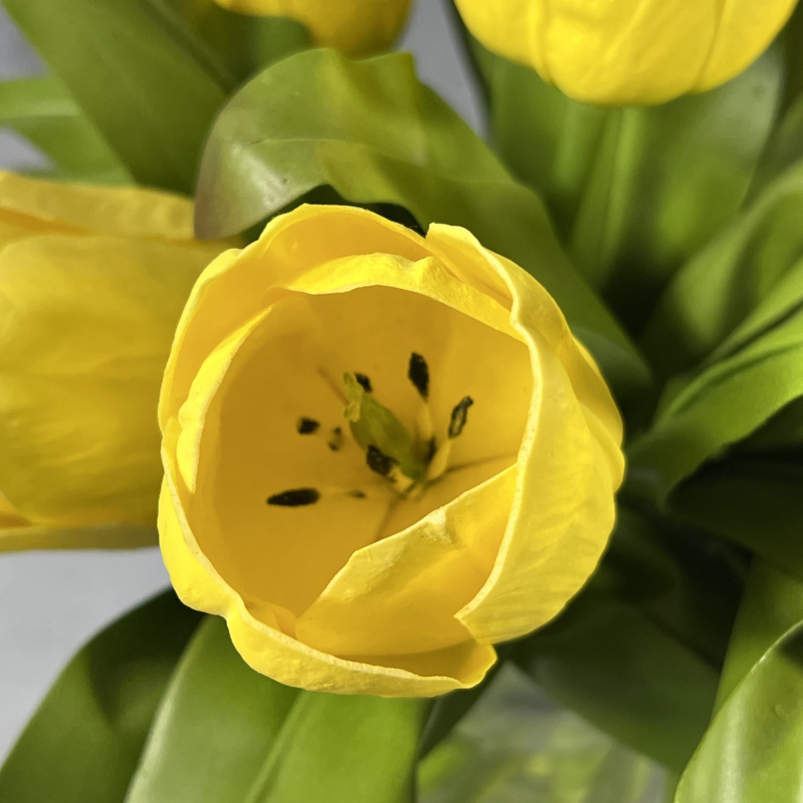 9 Yellow Silk Tulips Centerpiece Feel Real Flowers in Glass Vase w/ Faux Water