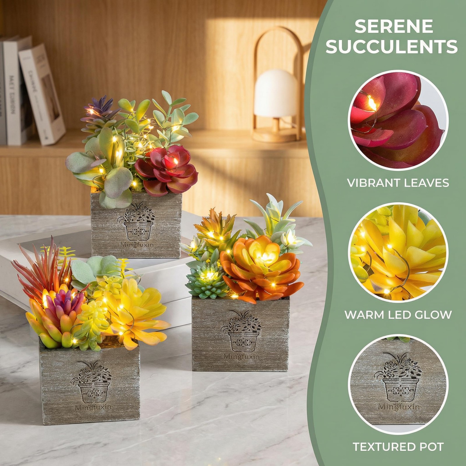 Artificial Succulents Plants With Lights Small Faux Potted Decor Office