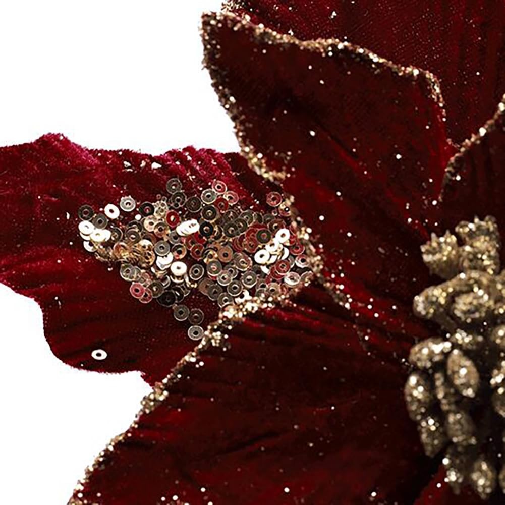 6 PCS Christmas Poinsettia Artificial Flowers Shining Glitter Burgundy