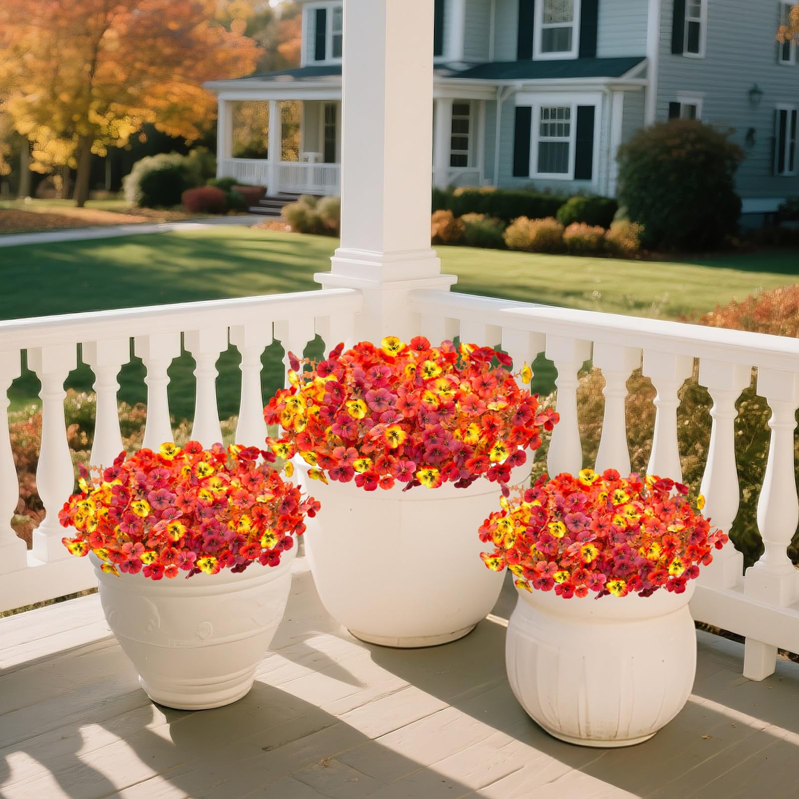 INQCMY Artificial Fall Flowers Faux Pansies Mums 12 Bundle 14″ Red Orange Yellow