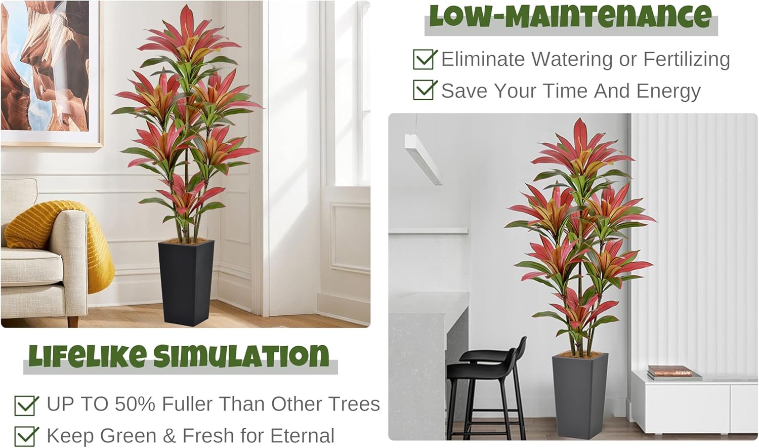 Artificial Red Dracaena Tree 6FT with 114 Leaves & 7 Heads & Black Tall Planter