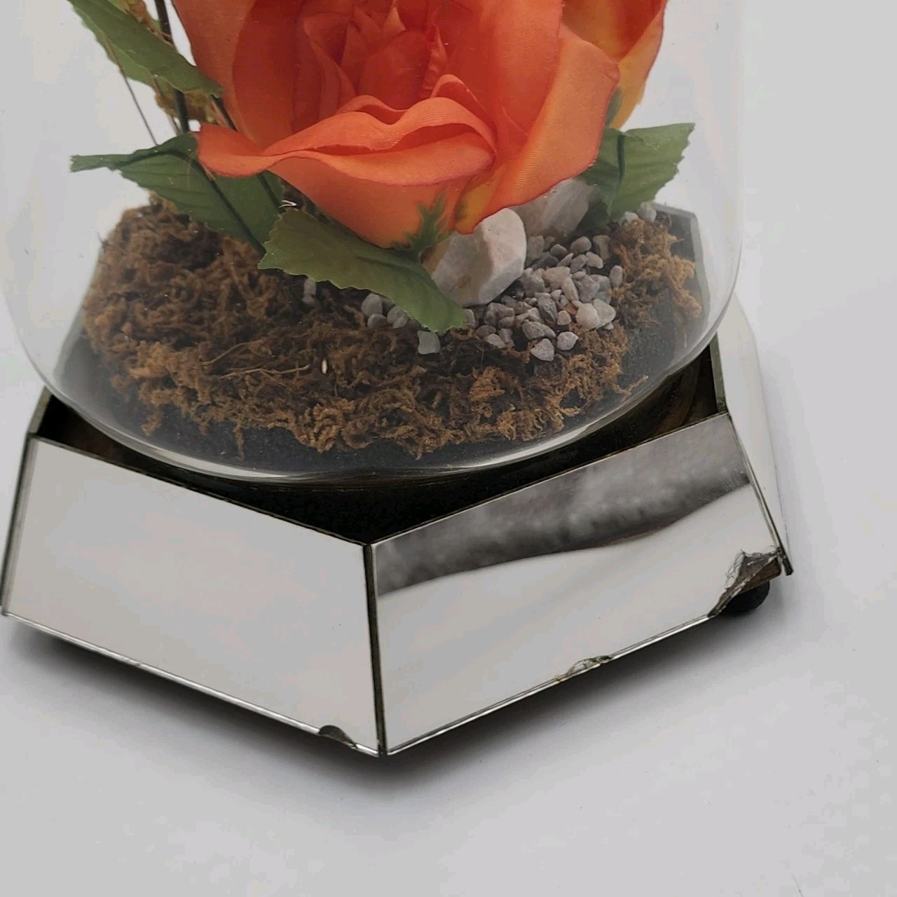 Vintage Glass Dome Floral Cloche with Butterfly Dried & Orange Faux Flowers