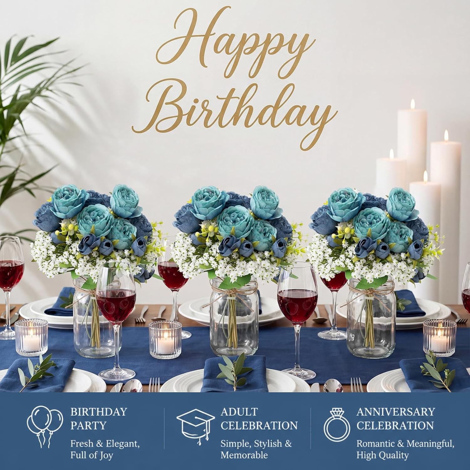 12 Sets Mason Jar Centerpiece Table Decorations Blue & Teal Peony W/ Baby’s