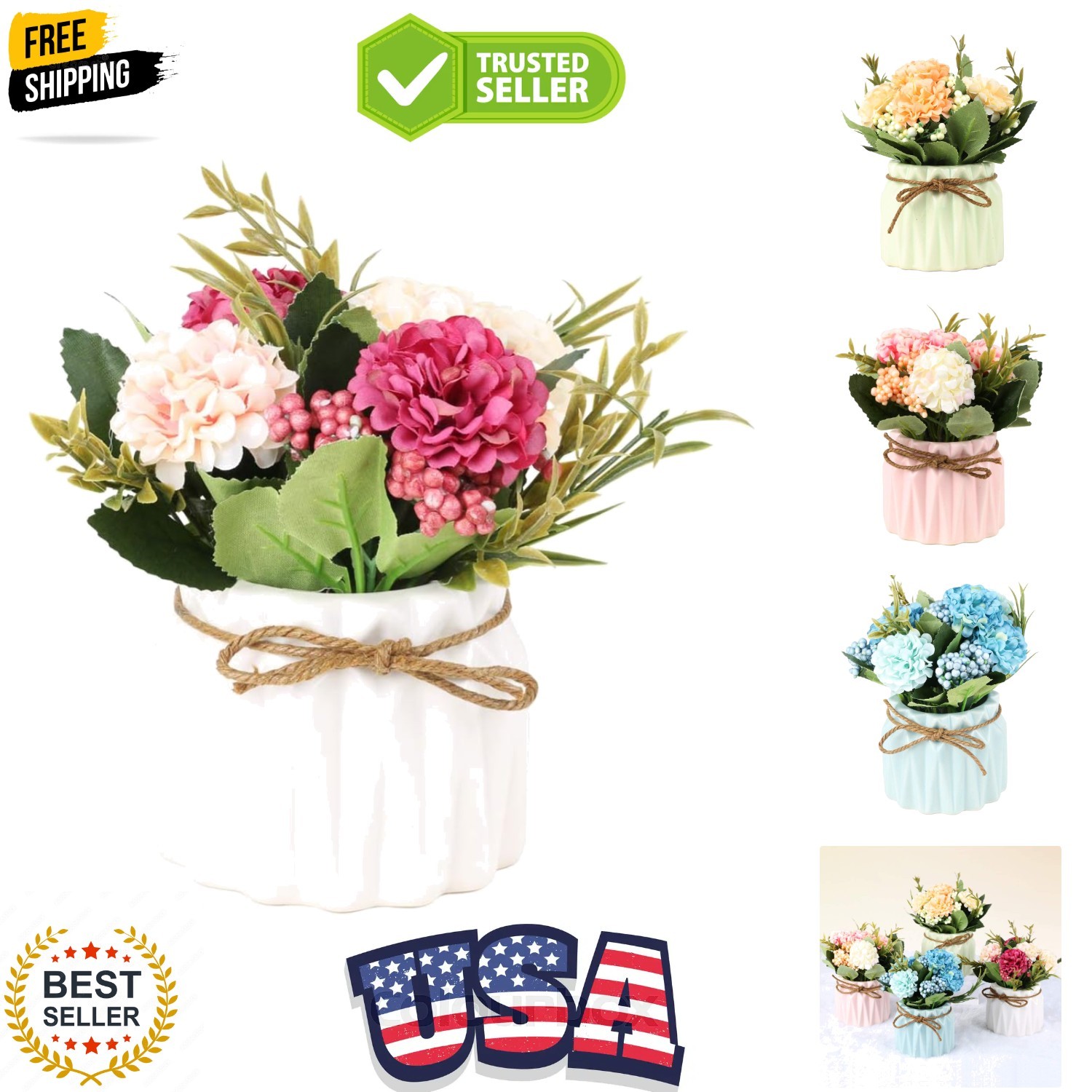 Artificial Hydrangea Bouquet with Small Ceramic Vase Fake Silk Variety Flower…