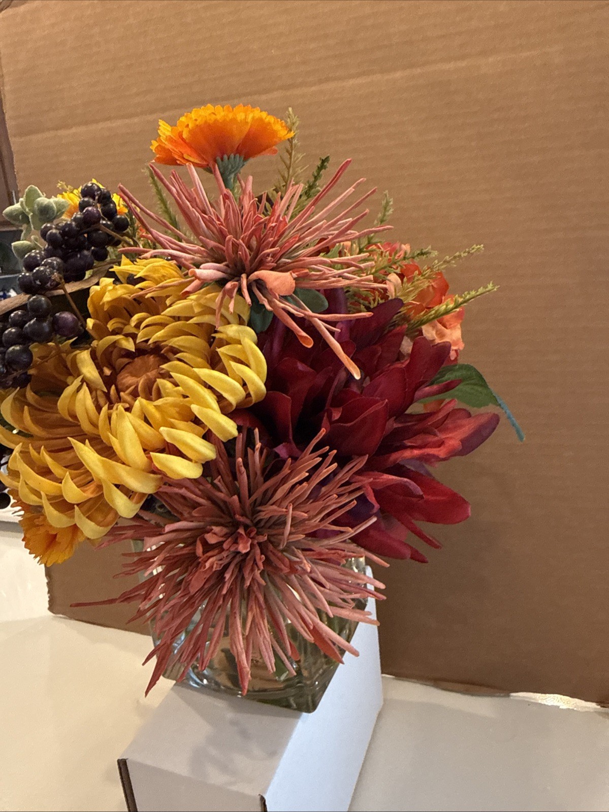 PETALS SPIDER MUM & Blackberries Silk Flowers Centerpiece 11” Height & 13” Width