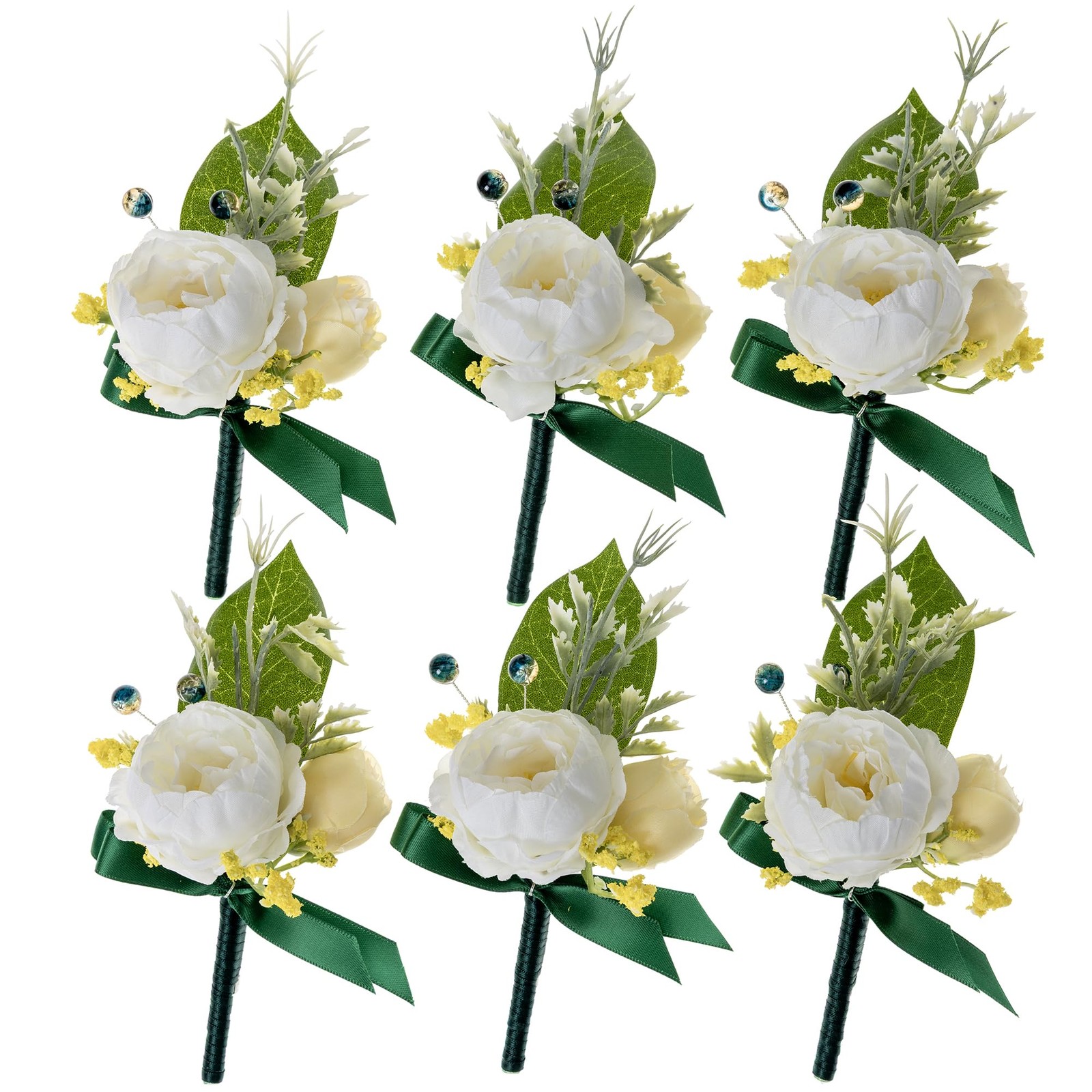 6 PCS Boutonniere Men Groomsmen Artificial Silk White Flowers Peony Rose Prom