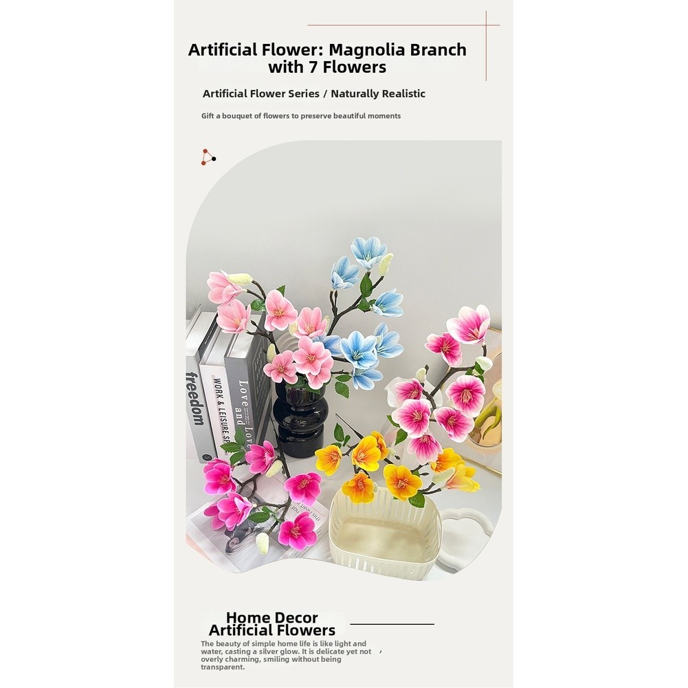 7-Bloom Magnolia Artificial Flower Stem Plastic for Table Shelf Display