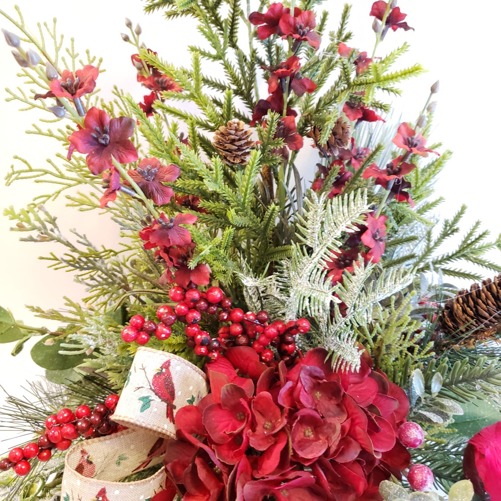 Winter Burgundy Hydrangea Arrangement with Cardinal, Memorial gift