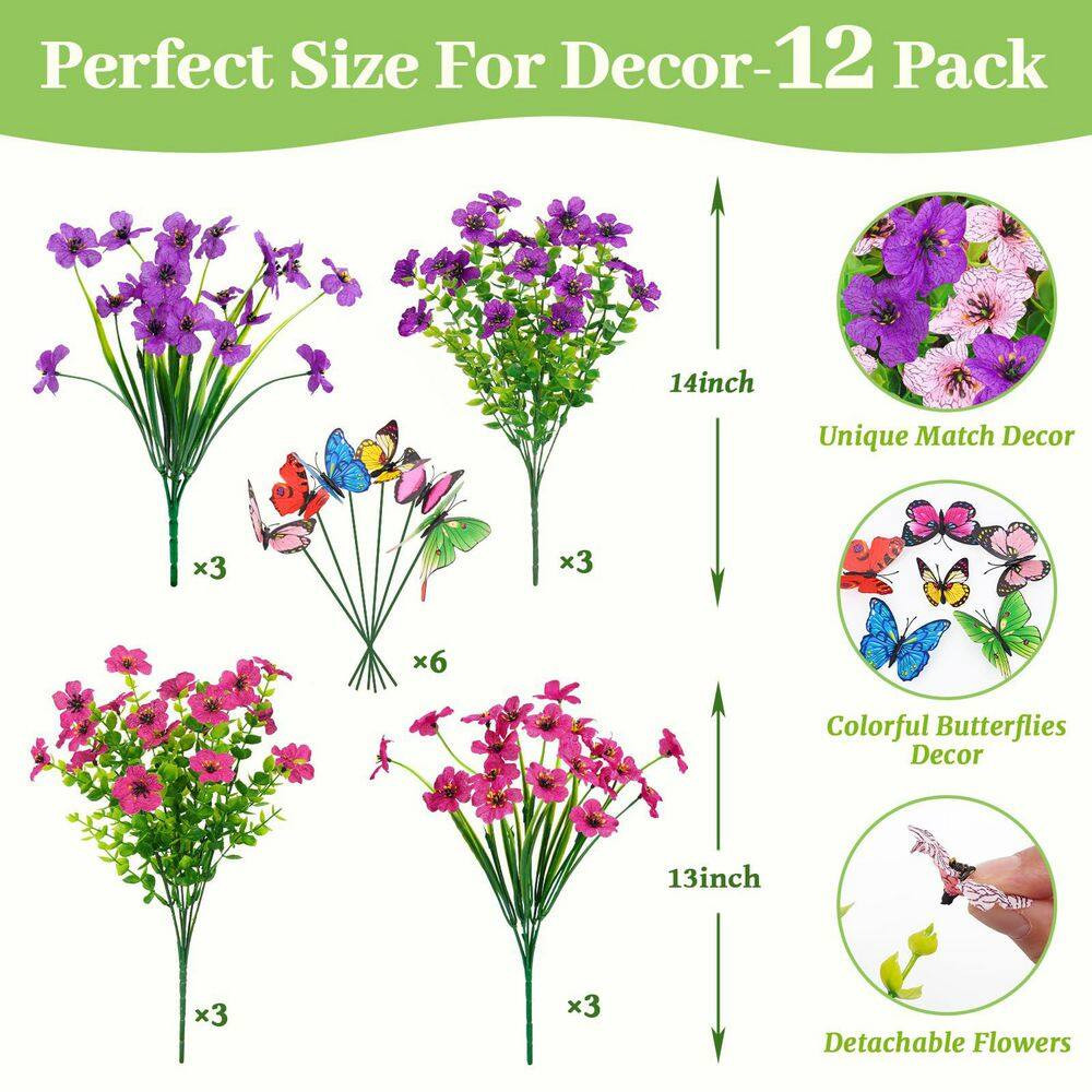 3 In. 12 Bundles UV Resistant Artificial Flowers Fuchsia Rose Red Faux Outdoor P