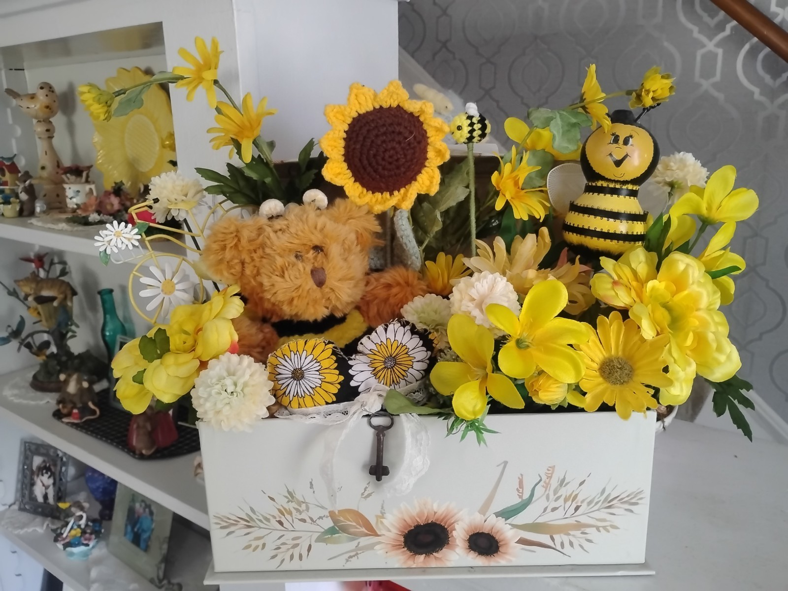 Handmade Sunflower & Bee Centerpiece In A Decorative Box With Floral And Greens,