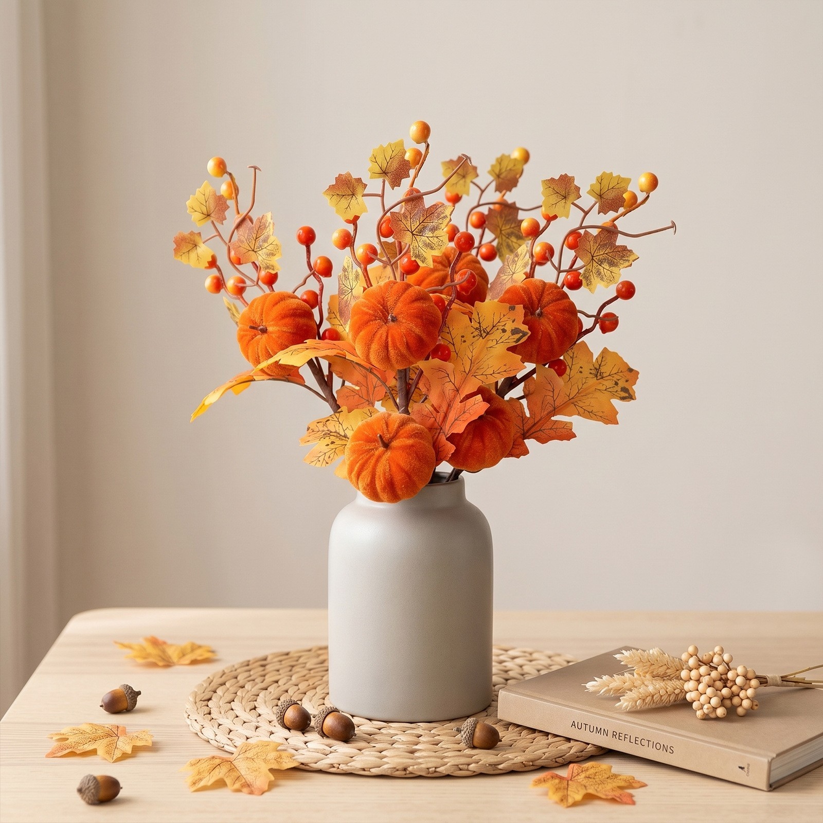 Orange Pumpkin Floral Picks 45cm 3 Pack with Realistic Maple Leaves Berries