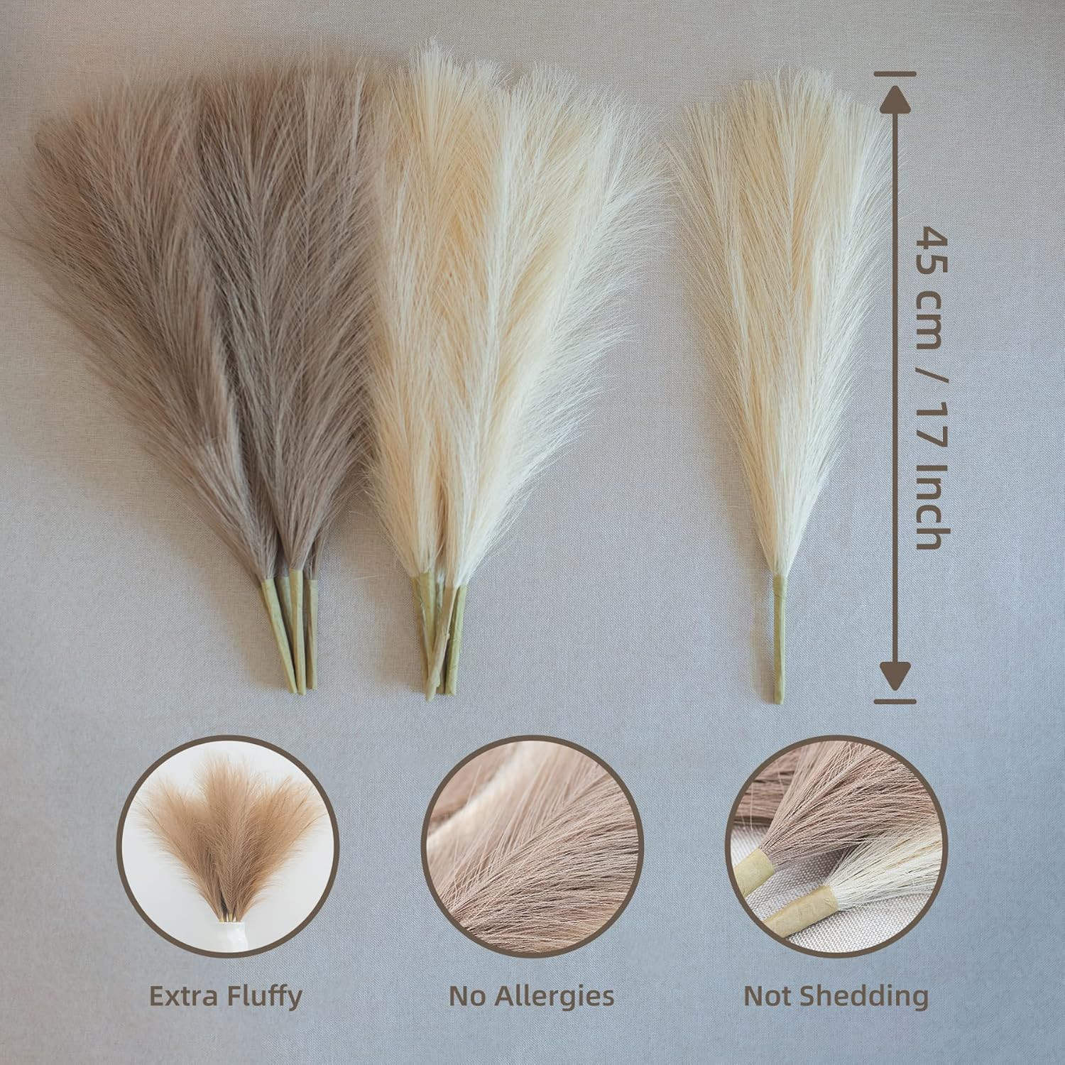 Pampas Grass Decor, Fluffy Faux Pampas Grass 6 Stem 18″/45Cm Pompous Grass Small